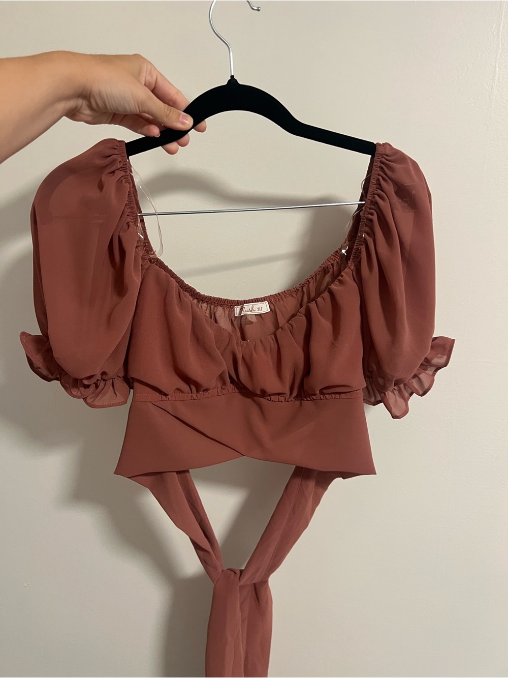 Pinkish Rust Puff Sleeve Tie-Front Crop Top